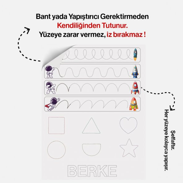 Uzay Temalı Çizgi Çalışması - Duvarda İz Bırakmayan, Statik Tutunan Akıllı Kağıt Duvar Stickerı - 2