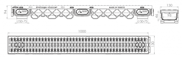 130x95x1000mm Drenaj Kanalı / Plastik Izgara + Oluk + Tapa - 4