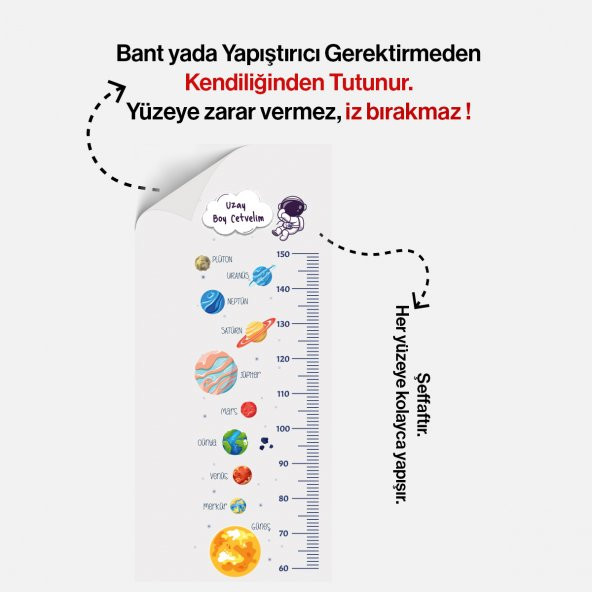 Boy Cetveli - Duvarda İz Bırakmaz, Yapışkansız Tutunma Özellikli Akıllı Kağıt Sticker (Uzay Temalı) - Resim 2