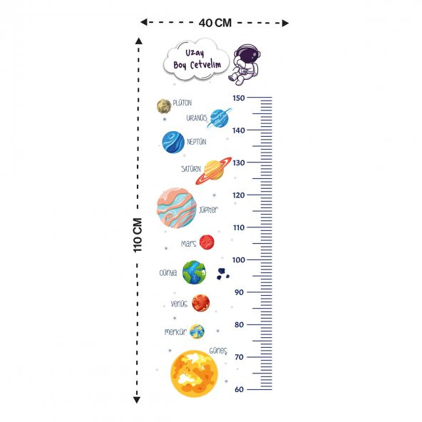 Boy Cetveli - Duvarda İz Bırakmaz, Yapışkansız Tutunma Özellikli Akıllı Kağıt Sticker (Uzay Temalı) - Resim 3