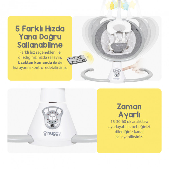 Huggy Nest Otomatik Sallanabilir Kumandalı Müzikli Anakucağı(0-9 kg) - 5