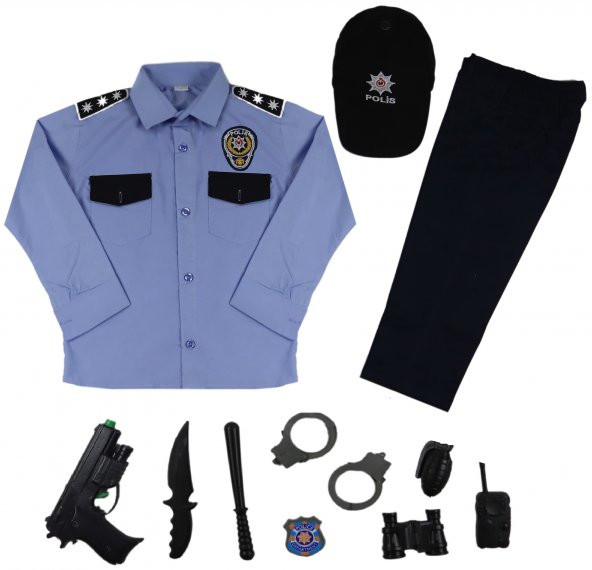 Unisex Çocuk Mavi Türk Polis Kostümü Kıyafeti Polis Üniforması