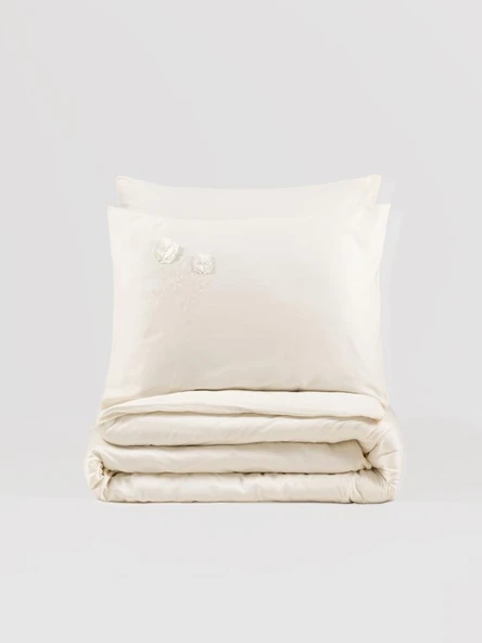 Cotton Box 3D Nakışlı Çift Kişilik Saten Nevresim Takımı Pure Ekru - Resim 3