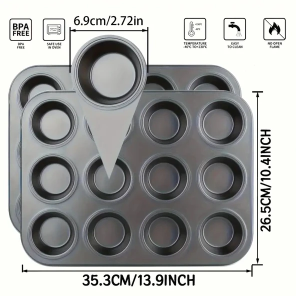 Cupcake Muffin Kalıbı 12'li Kek Yanmaz Kurabiye Kalıbı Fırın Çörek Kapsül Tepsisi Paslanmaz Siyah - Resim 5