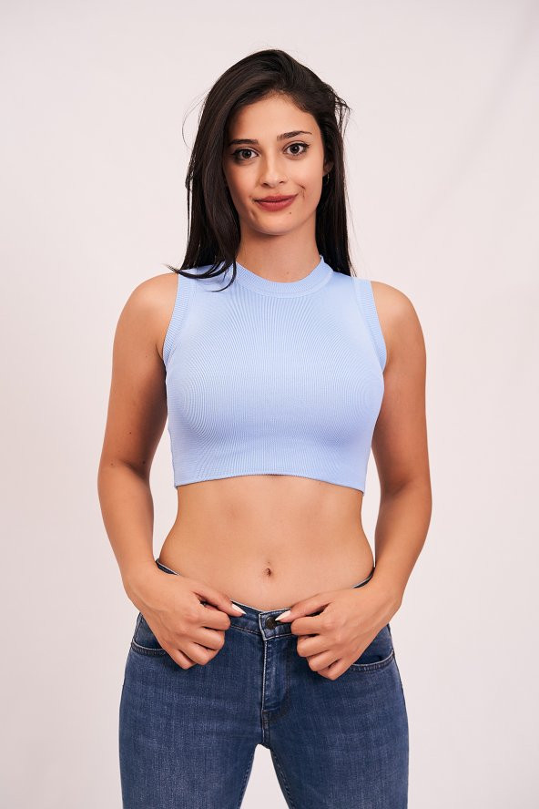 Kadın Bebe Mavi Bisiklet Yaka Triko Crop Bluz