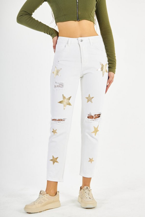 Kadın Yüksek Bel Kabartma Yıldız Baskılı Yırtık Boyfriend Kot Pantolon - 2