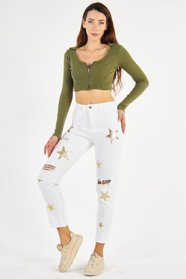 Kadın Yüksek Bel Kabartma Yıldız Baskılı Yırtık Boyfriend Kot Pantolon - 4