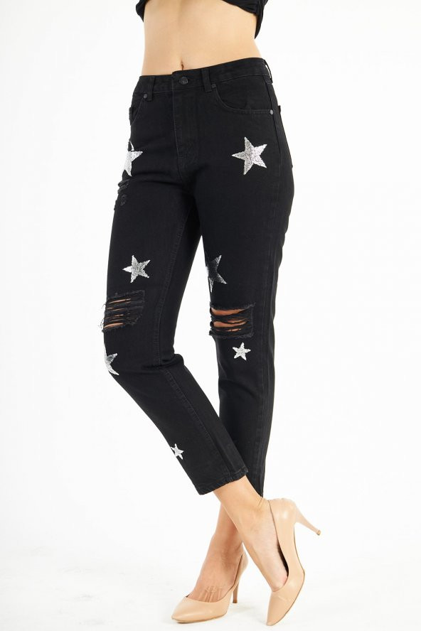 Kadın Yüksek Bel Kabartma Yıldız Baskılı Yırtık Boyfriend Kot Pantolon - 10
