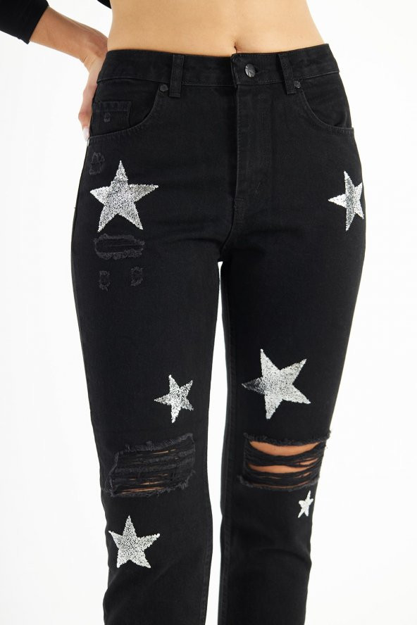 Kadın Yüksek Bel Kabartma Yıldız Baskılı Yırtık Boyfriend Kot Pantolon - 11