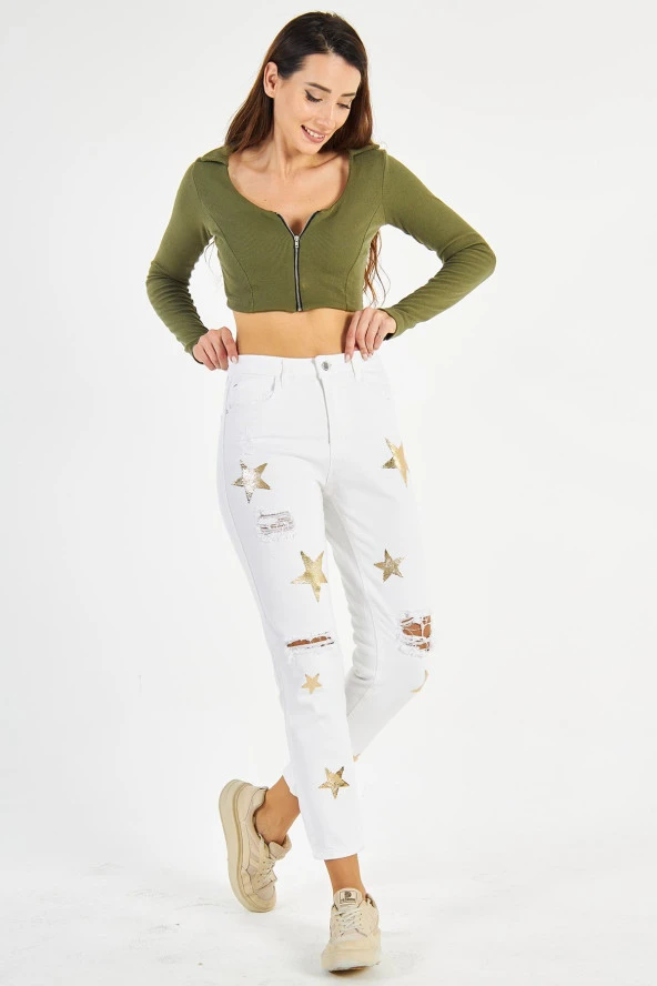 Kadın Yüksek Bel Kabartma Yıldız Baskılı Yırtık Boyfriend Kot Pantolon - 3