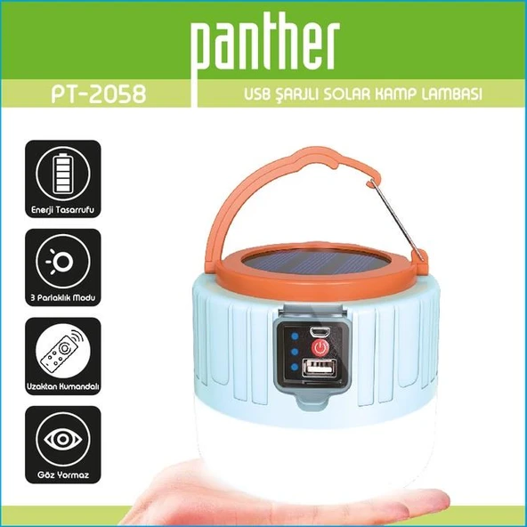 Panther El Feneri USB Şarjlı Solar Kamp Lambası PT-2058 - 2