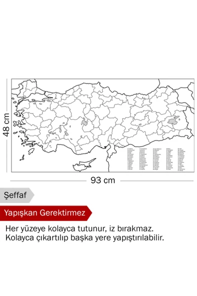 Türkiye Haritası - Yapışkansız Tutunan Akıllı Kağıt & Silgili Tahta Kalemi Hediyeli - 2