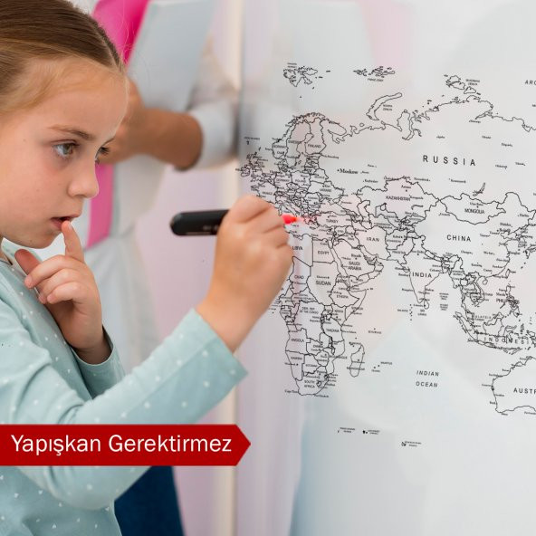 Dünya Haritası -  Yapışkansız Tutunan Akıllı Kağıt & Silgili Tahta Kalemi Hediyeli
