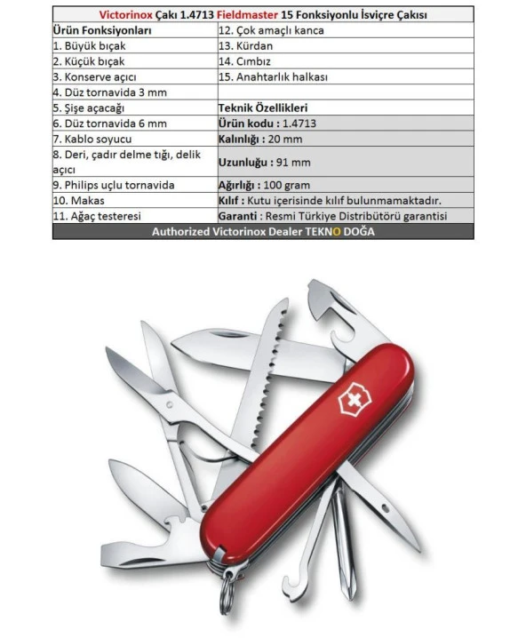 Victorinox Fieldmaster 1.4713 Kırmızı İsviçre Çakısı 91mm 15F - 2