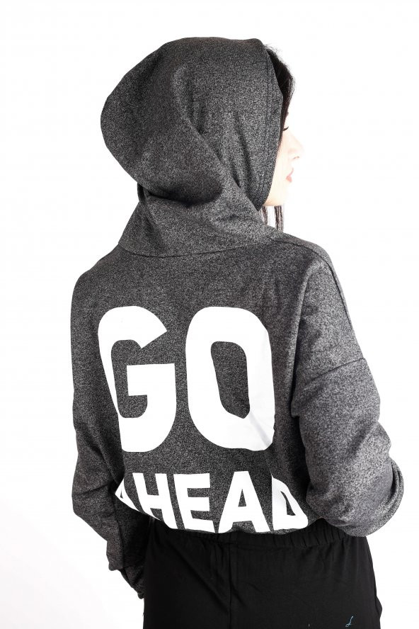Kadın Antrasit Dont Look Back Ön Arka Yazı Baskılı Kapüşonlu Crop Sweatshirt 22KSWTDONT - 4