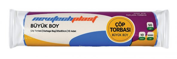 Newtechplast Çöp Torbası, Büyük Boy, Mavi, 65 X 80 cm., 1 Rulo 10 Adet 80 gr.