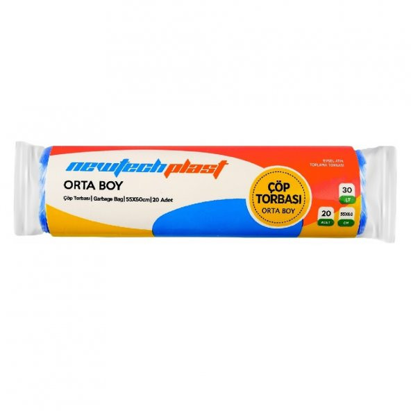 Newtechplast Çöp Torbası, Orta Boy, Mavi, 55 X 60 cm., 1 Rulo 20 Adet 80 gr. - 2