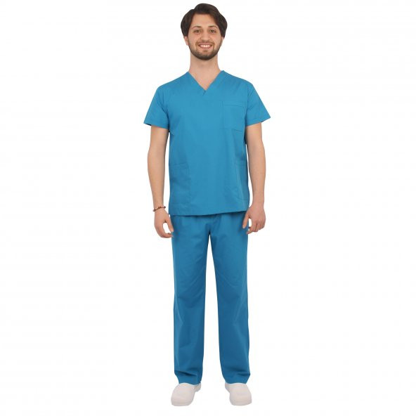 Emel Tekstil Doktor Hemşire Terikoton Erkek Koyu Mavi Forma Cerrahi Yaka Takım Uniforma