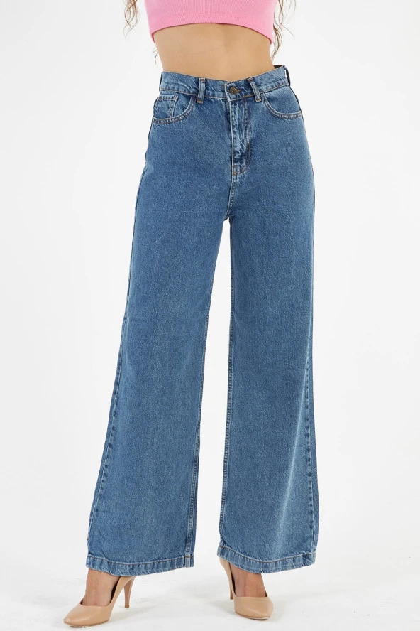 Kadın Mavi Yüksek Bel Bol Kesim Bol Paça Taşlanmış Palazzo Wide Leg Kot Pantolon - 2