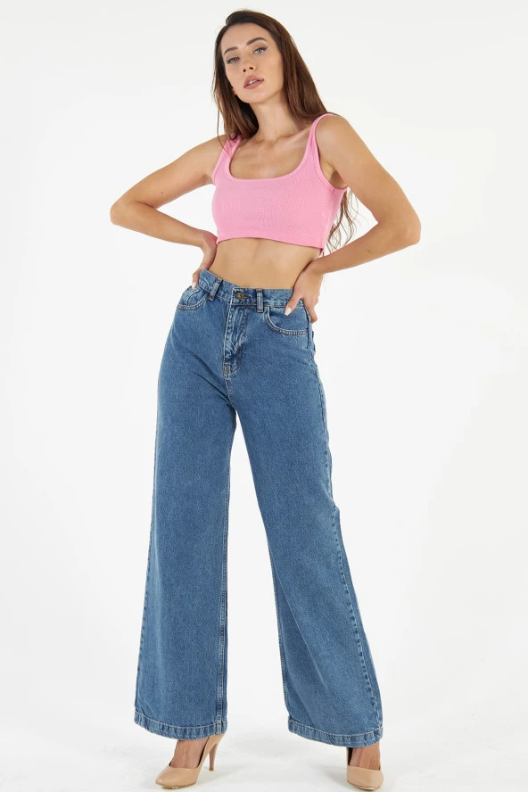 Kadın Mavi Yüksek Bel Bol Kesim Bol Paça Taşlanmış Palazzo Wide Leg Kot Pantolon - 3