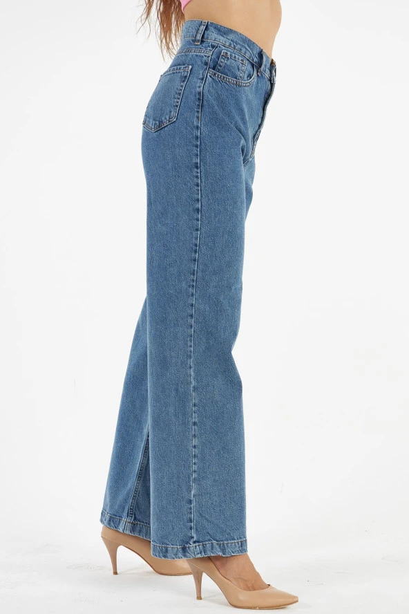 Kadın Mavi Yüksek Bel Bol Kesim Bol Paça Taşlanmış Palazzo Wide Leg Kot Pantolon - 4