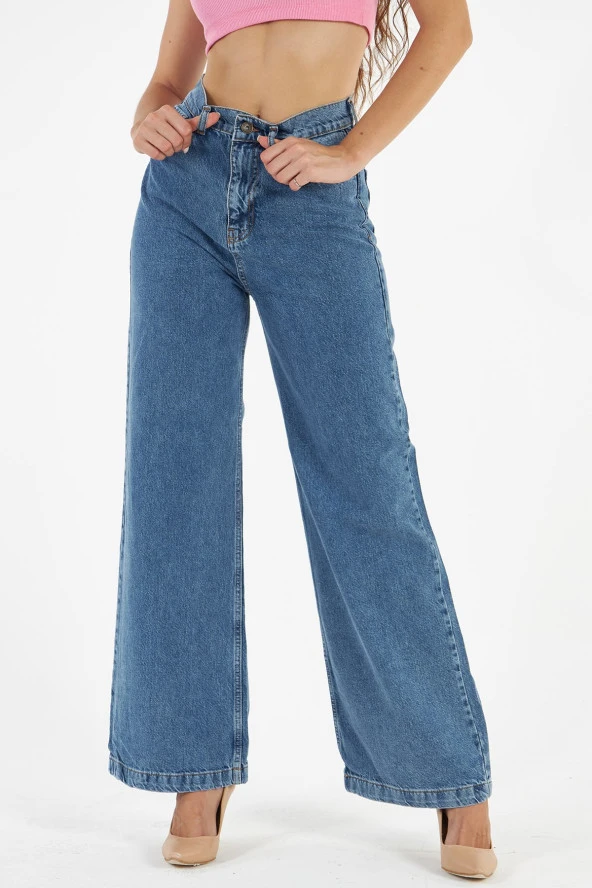 Kadın Mavi Yüksek Bel Bol Kesim Bol Paça Taşlanmış Palazzo Wide Leg Kot Pantolon - 5