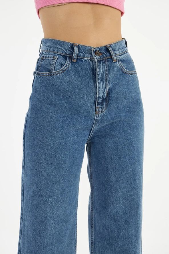 Kadın Mavi Yüksek Bel Bol Kesim Bol Paça Taşlanmış Palazzo Wide Leg Kot Pantolon - 6