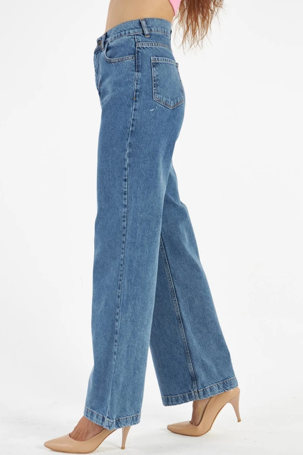 Kadın Mavi Yüksek Bel Bol Kesim Bol Paça Taşlanmış Palazzo Wide Leg Kot Pantolon - 7