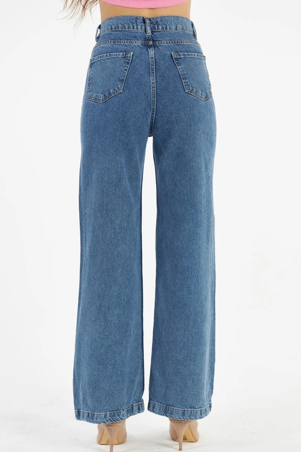 Kadın Mavi Yüksek Bel Bol Kesim Bol Paça Taşlanmış Palazzo Wide Leg Kot Pantolon - 8