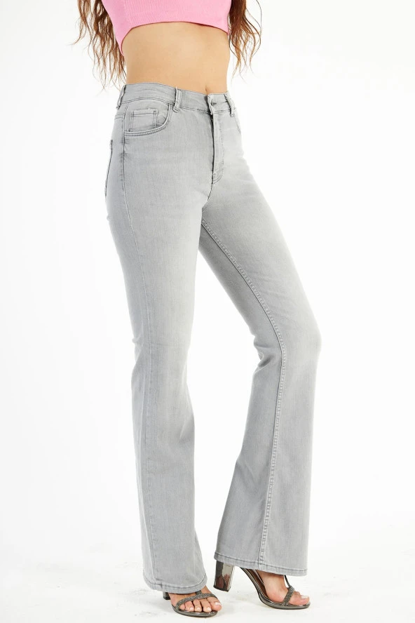 Kadın Yüksek Bel Full Likralı İspanyol Paça Flare Jean Esnek Kot Pantolon - 2