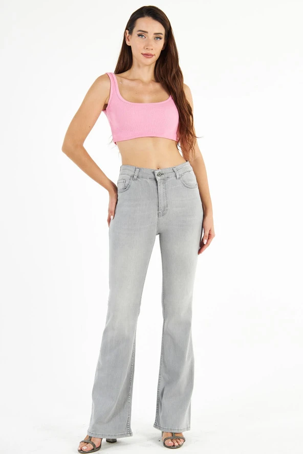 Kadın Yüksek Bel Full Likralı İspanyol Paça Flare Jean Esnek Kot Pantolon - 3