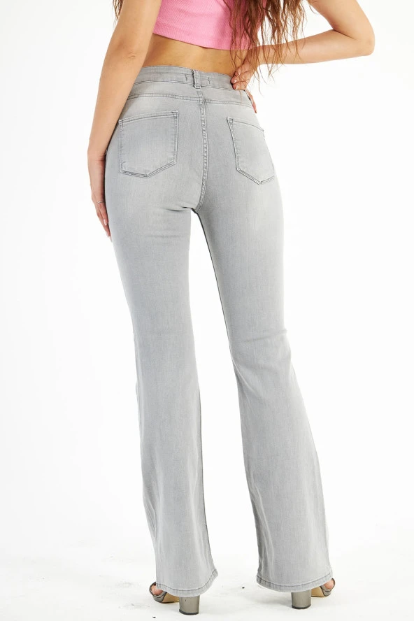 Kadın Yüksek Bel Full Likralı İspanyol Paça Flare Jean Esnek Kot Pantolon - 6