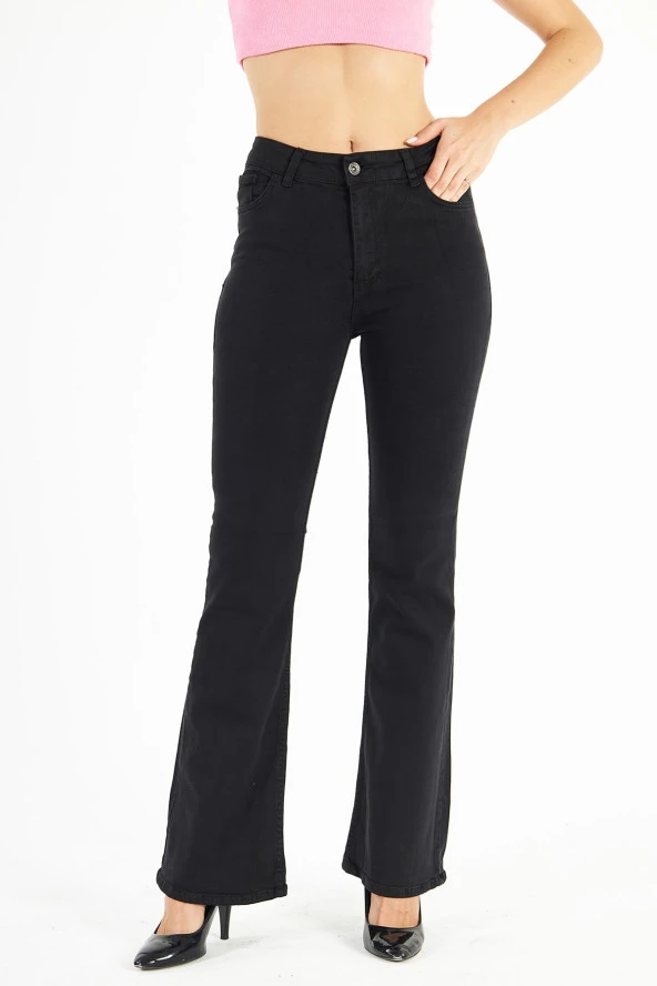 Kadın Yüksek Bel Full Likralı İspanyol Paça Flare Jean Esnek Kot Pantolon - 9