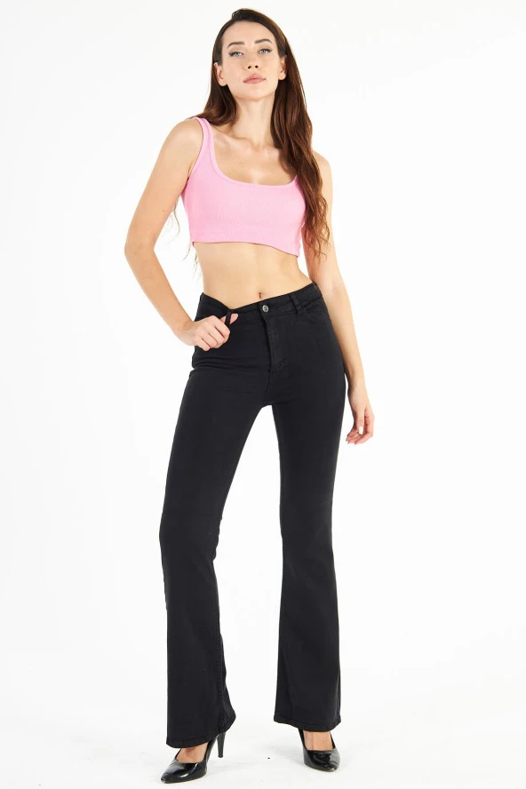 Kadın Yüksek Bel Full Likralı İspanyol Paça Flare Jean Esnek Kot Pantolon - 10