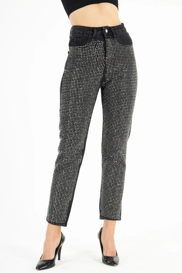 Kadın Siyah Parlak Sıvama Taşlı Mom Jean Kot Pantolon - 2