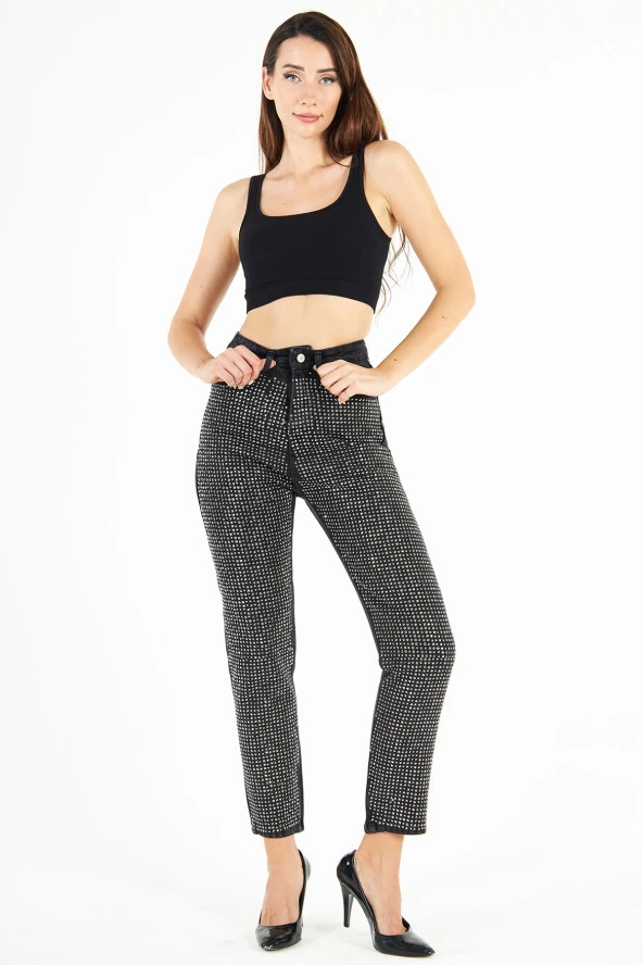 Kadın Siyah Parlak Sıvama Taşlı Mom Jean Kot Pantolon - 4