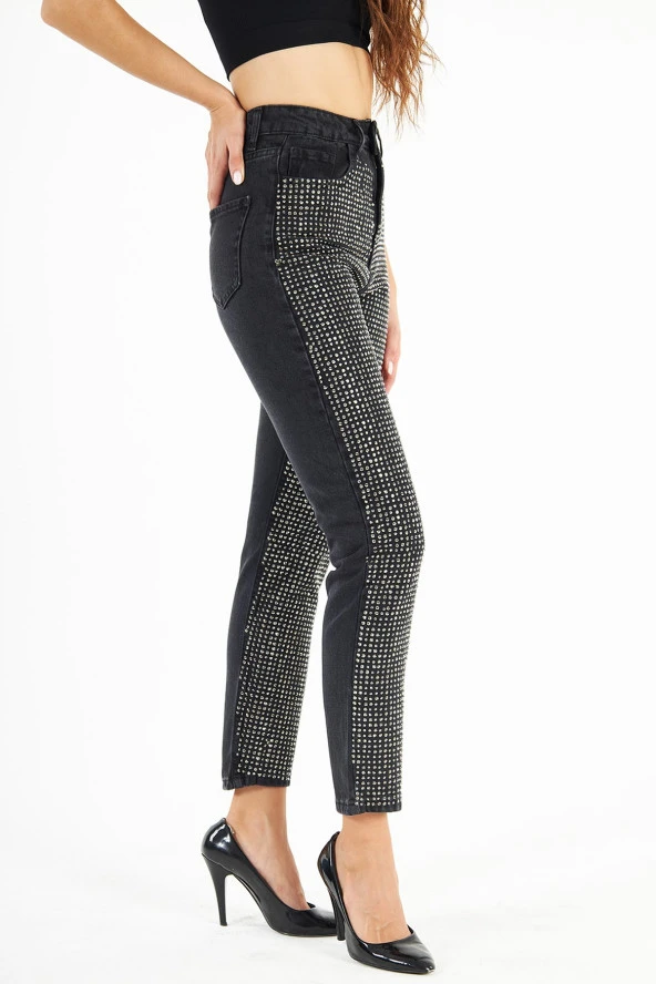 Kadın Siyah Parlak Sıvama Taşlı Mom Jean Kot Pantolon - 5