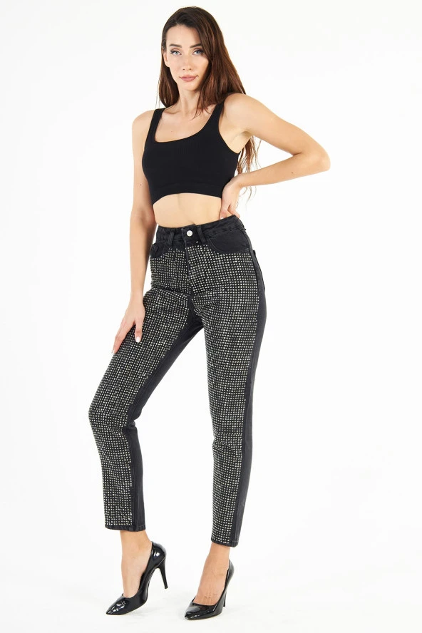 Kadın Siyah Parlak Sıvama Taşlı Mom Jean Kot Pantolon - 6