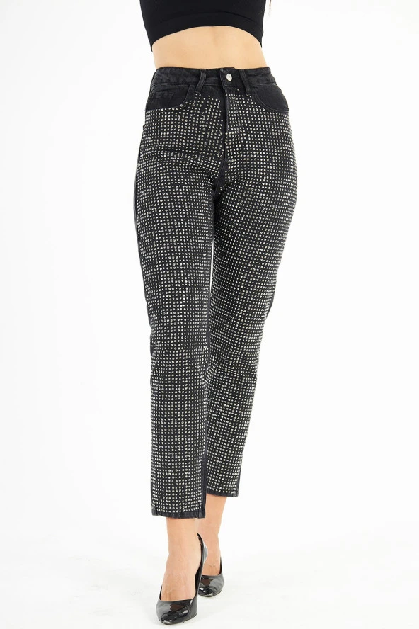 Kadın Siyah Parlak Sıvama Taşlı Mom Jean Kot Pantolon - 7