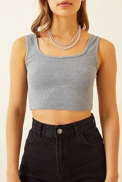 Kadın Gri Kare Yaka U Yaka Askılı Crop Top - 2