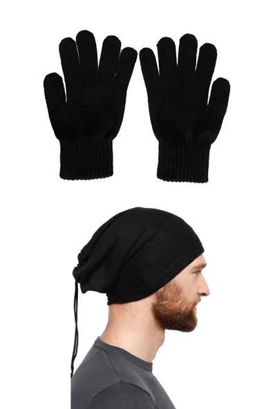 Unisex Siyah Yün Eldiven Polar Bere Boyunluk Set