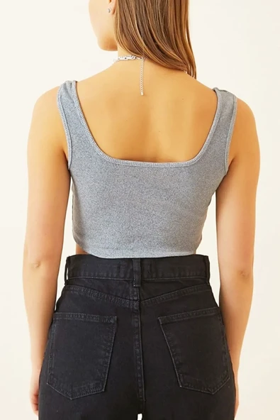 Kadın Gri Kare Yaka U Yaka Askılı Crop Top - 3