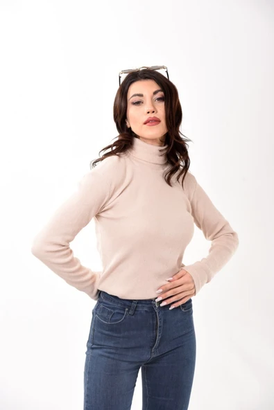 Kadın Balıkçı Yaka Boğazlı Slim Fit Kazak Bej - 4