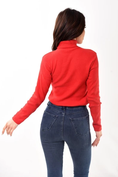 Kadın Balıkçı Yaka Boğazlı Slim Fit Kazak Kırmızı - 4