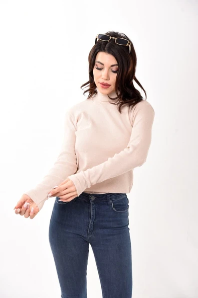 Kadın Balıkçı Yaka Boğazlı Slim Fit Kazak Bej - 3