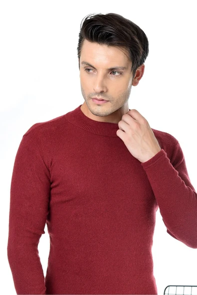 Erkek Bordo Yarım Balıkçı Yaka Slim Fit Kazak - 3