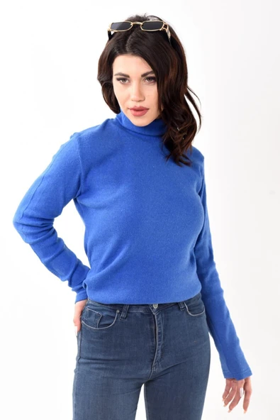 Kadın Balıkçı Yaka Boğazlı Slim Fit Kazak Saks - 2