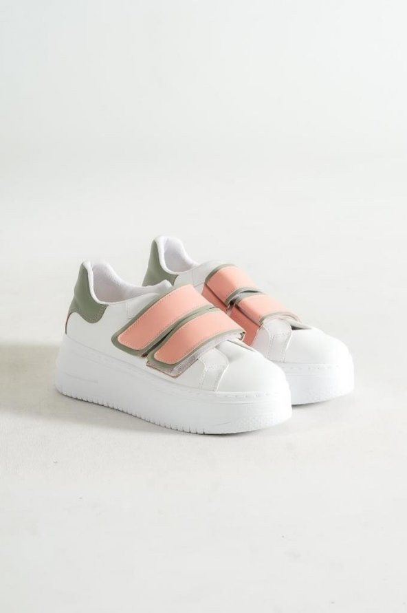 Kadın Beyaz Pudra Yeşil Çift Cırt Cırt Detaylı Sneaker Günlük Spor Ayakkabı Kecsp121