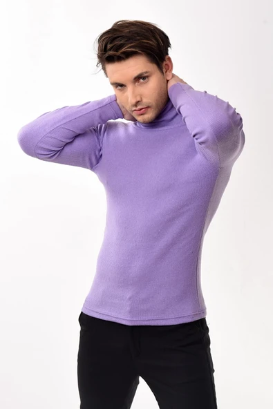 Erkek Balıkçı Yaka Boğazlı Slim Fit Kazak Lila - 4