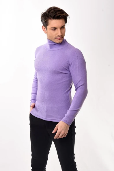 Erkek Balıkçı Yaka Boğazlı Slim Fit Kazak Lila - 2